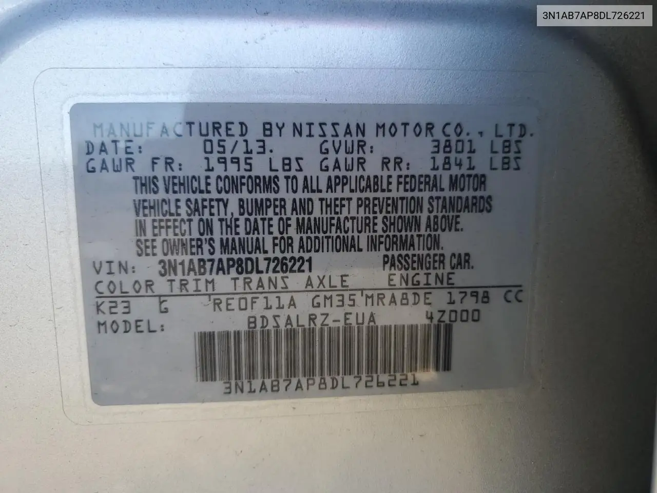3N1AB7AP8DL726221 2013 Nissan Sentra S