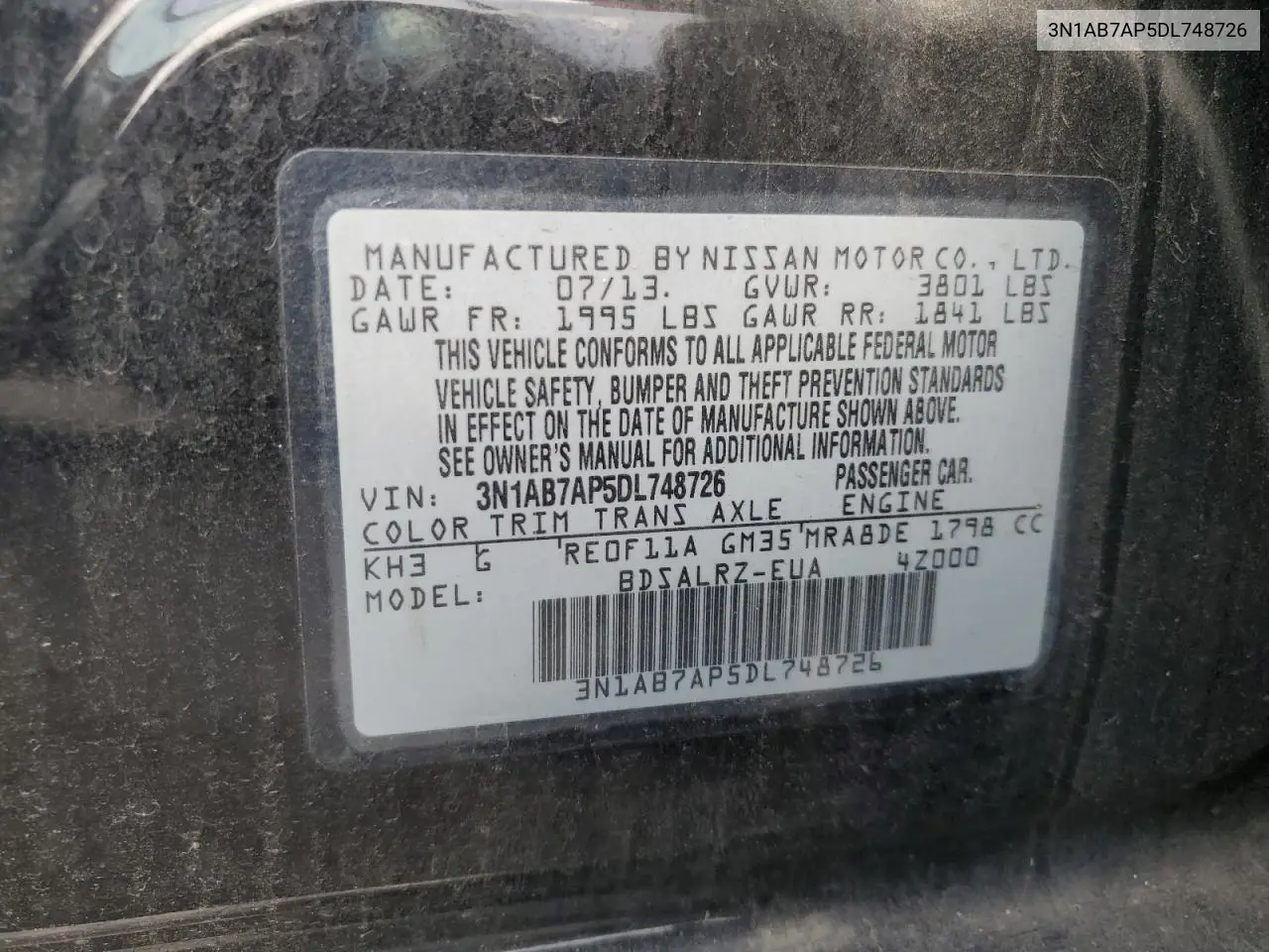 3N1AB7AP5DL748726 2013 Nissan Sentra S
