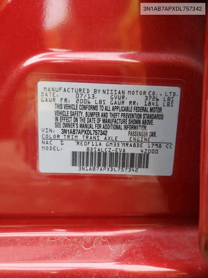 3N1AB7APXDL757342 2013 Nissan Sentra S