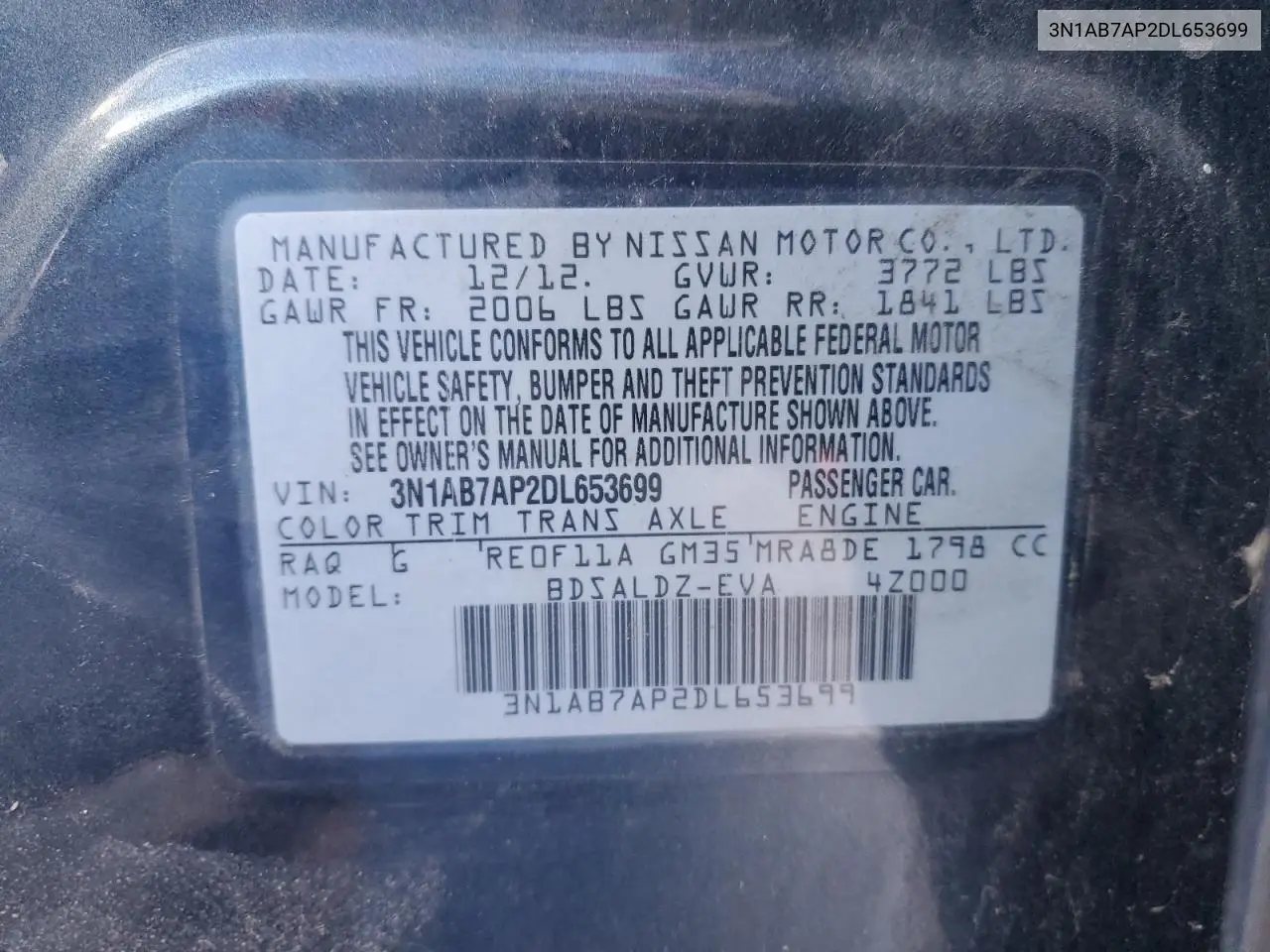 3N1AB7AP2DL653699 2013 Nissan Sentra S