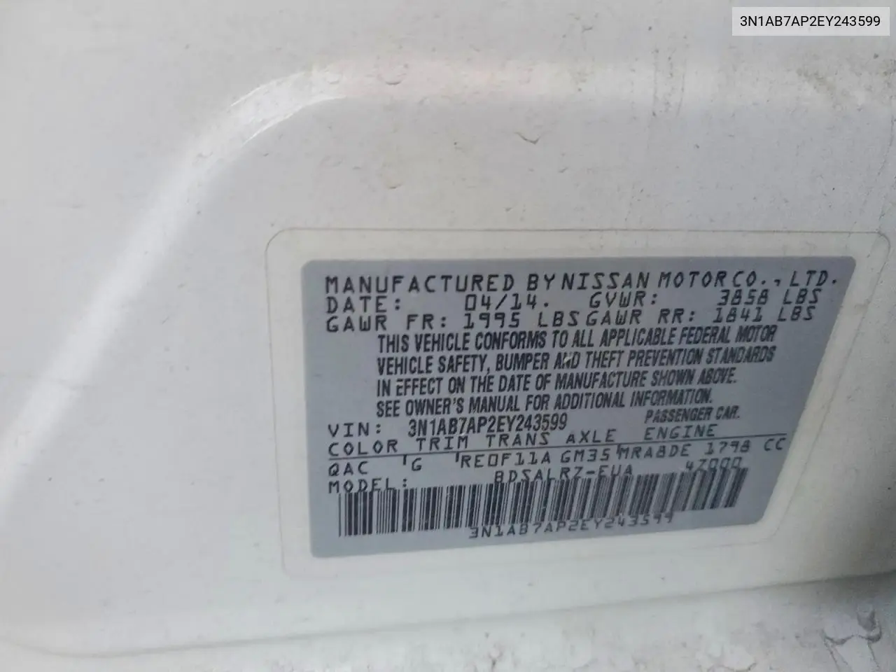 3N1AB7AP2EY243599 2014 Nissan Sentra S