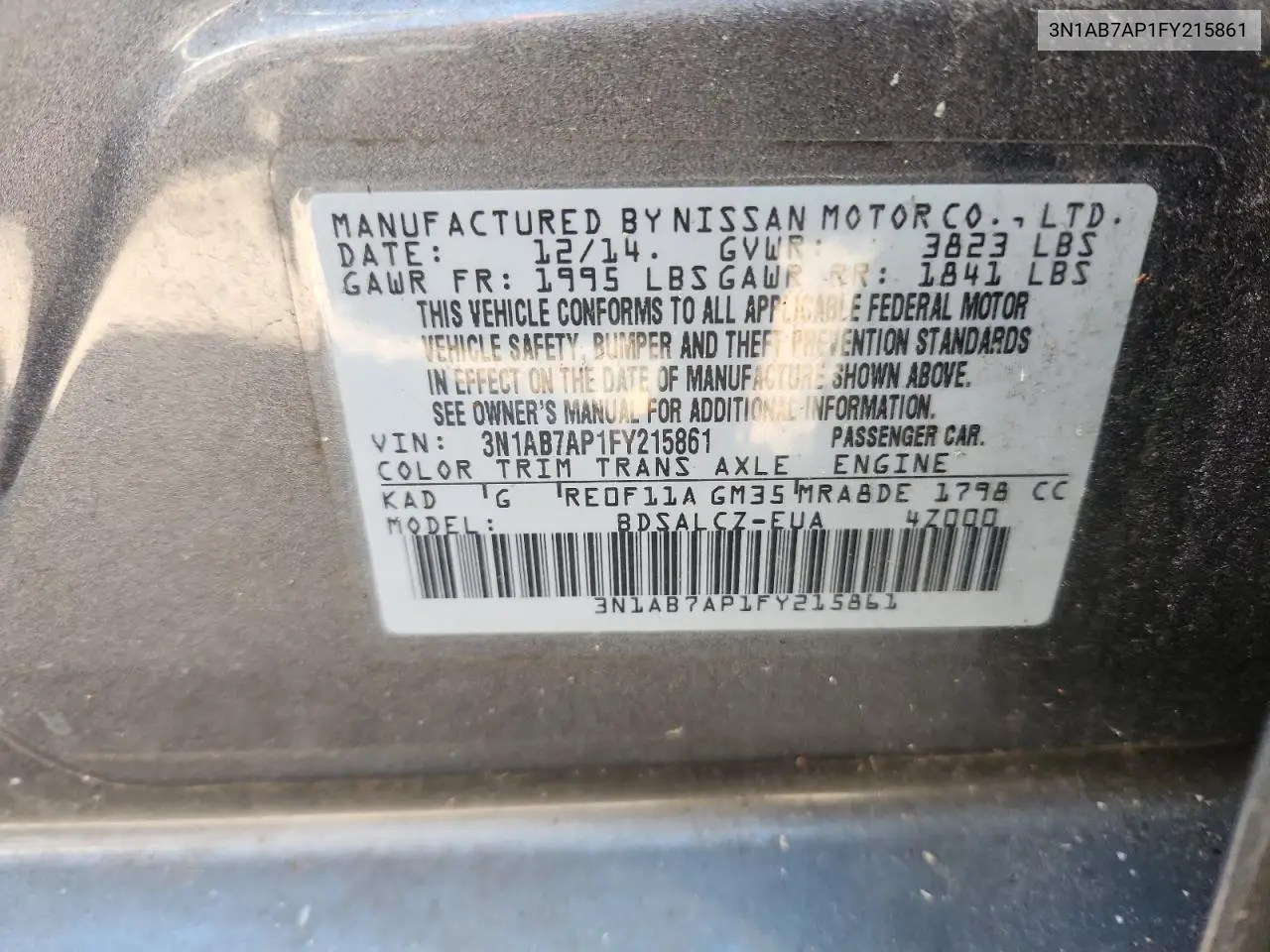 3N1AB7AP1FY215861 2015 Nissan Sentra S