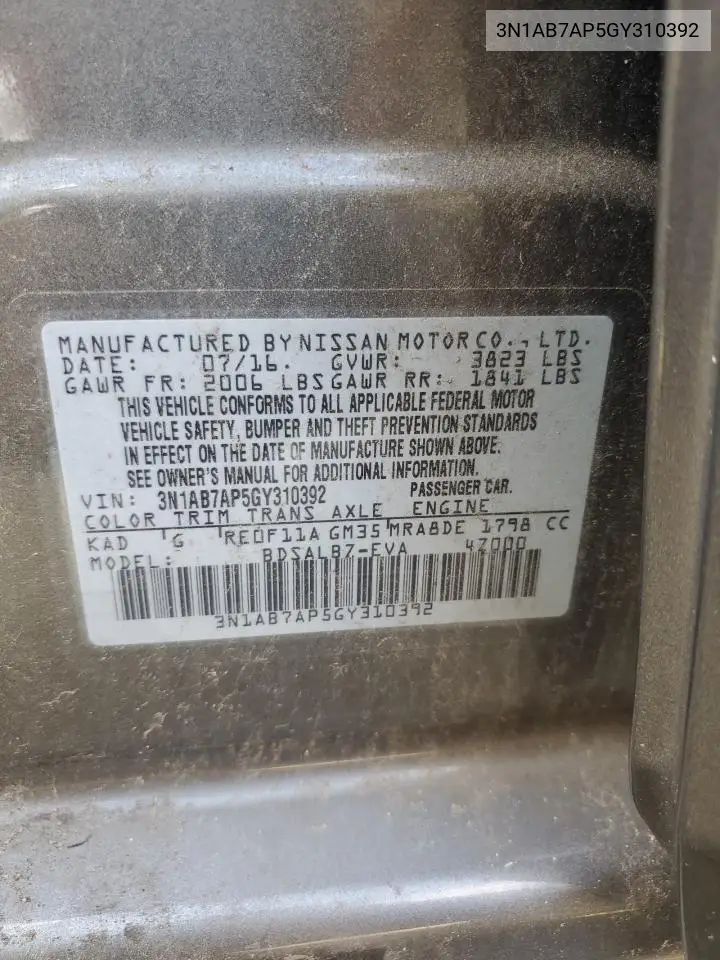 3N1AB7AP5GY310392 2016 Nissan Sentra S