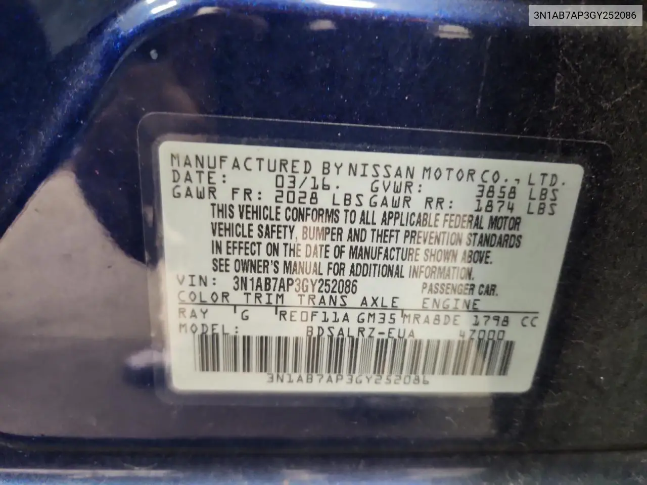 3N1AB7AP3GY252086 2016 Nissan Sentra S