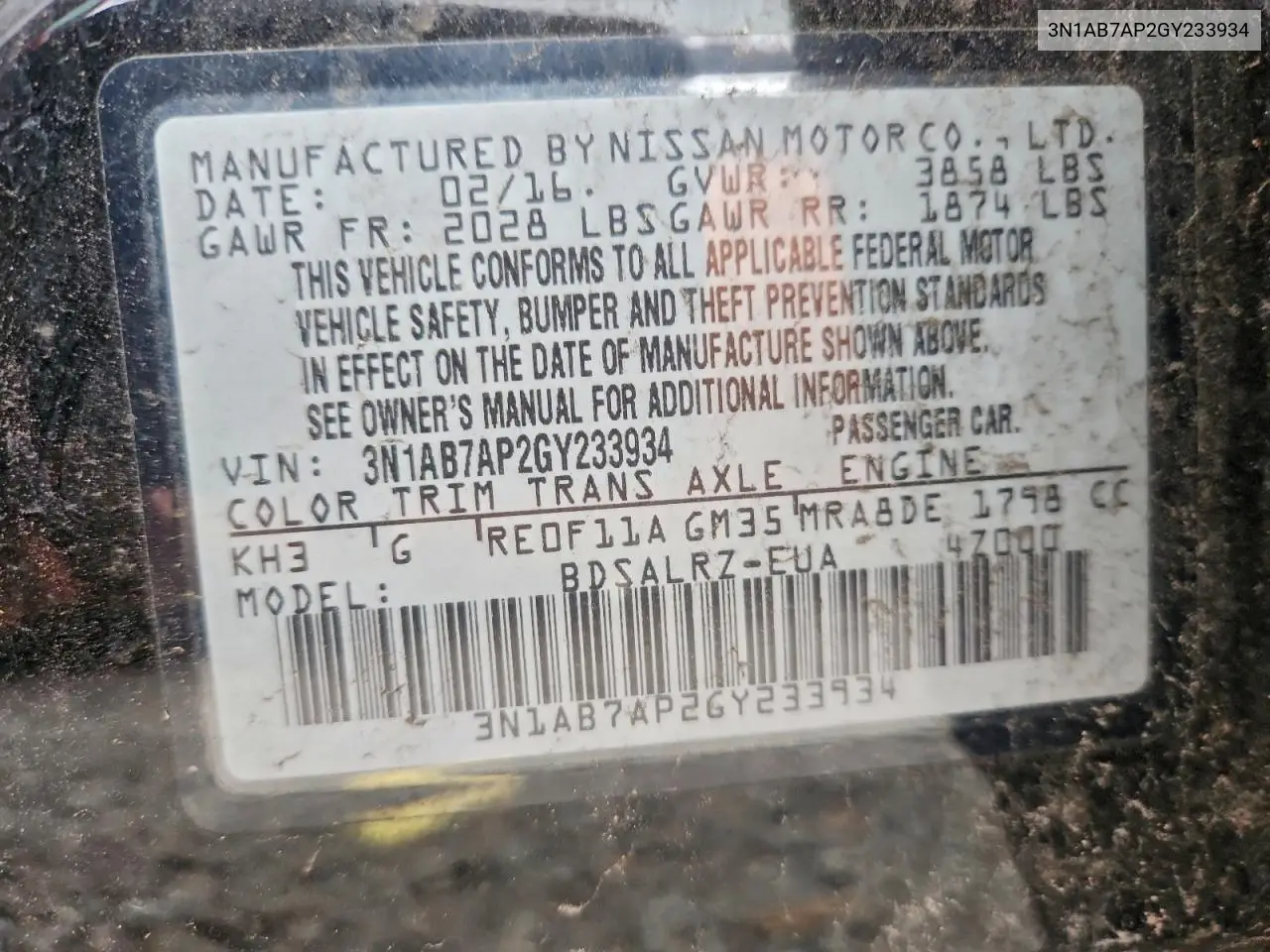 3N1AB7AP2GY233934 2016 Nissan Sentra S