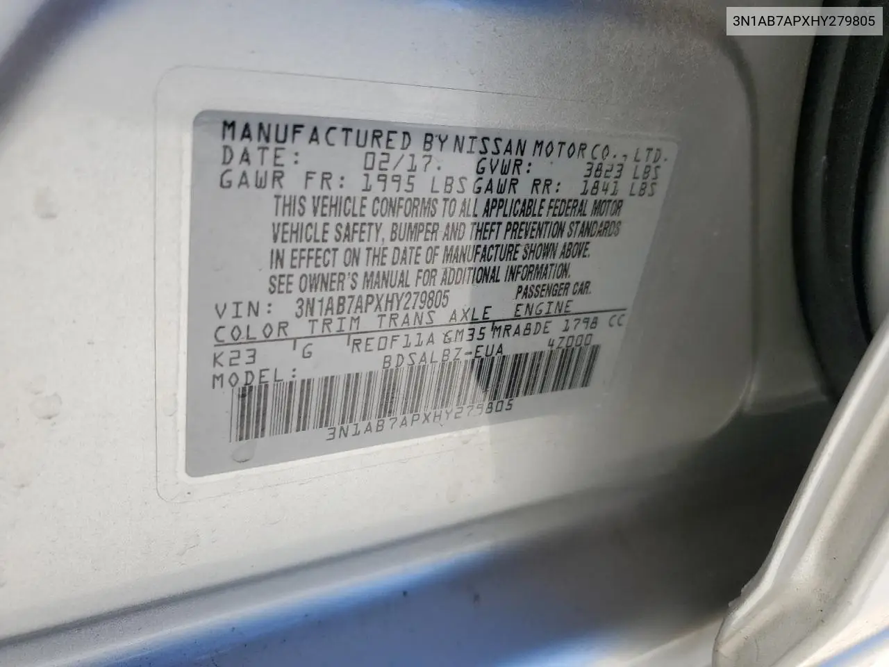 3N1AB7APXHY279805 2017 Nissan Sentra S