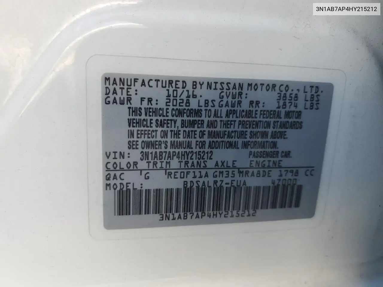 3N1AB7AP4HY215212 2017 Nissan Sentra S