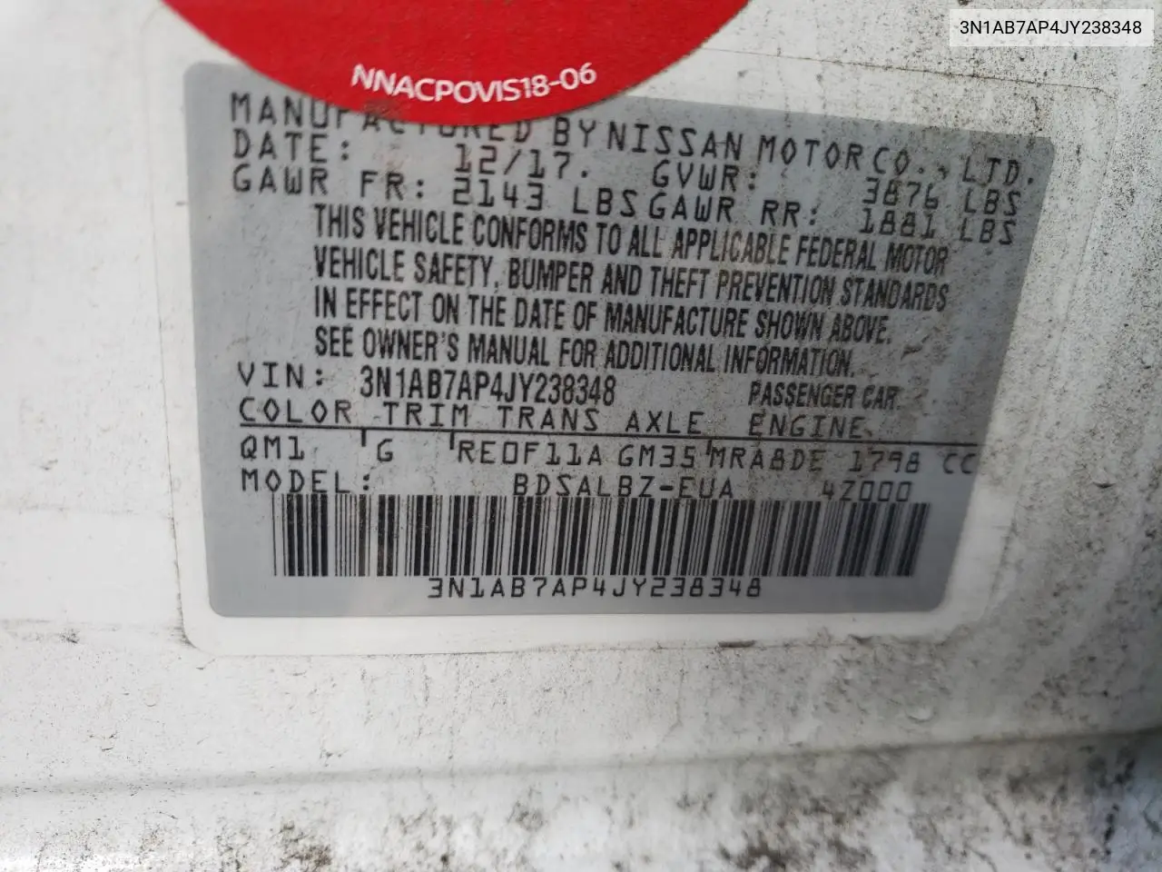3N1AB7AP4JY238348 2018 Nissan Sentra S