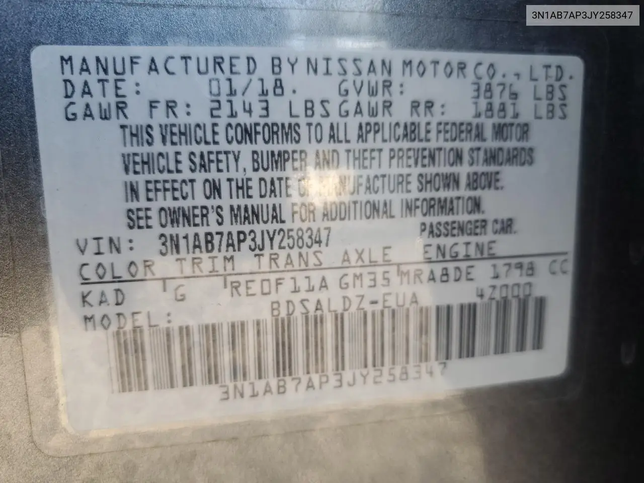 3N1AB7AP3JY258347 2018 Nissan Sentra S