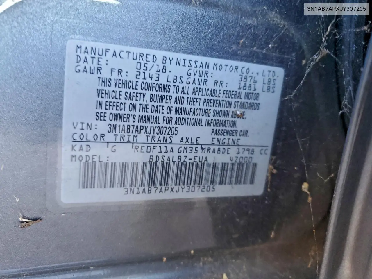 3N1AB7APXJY307205 2018 Nissan Sentra S
