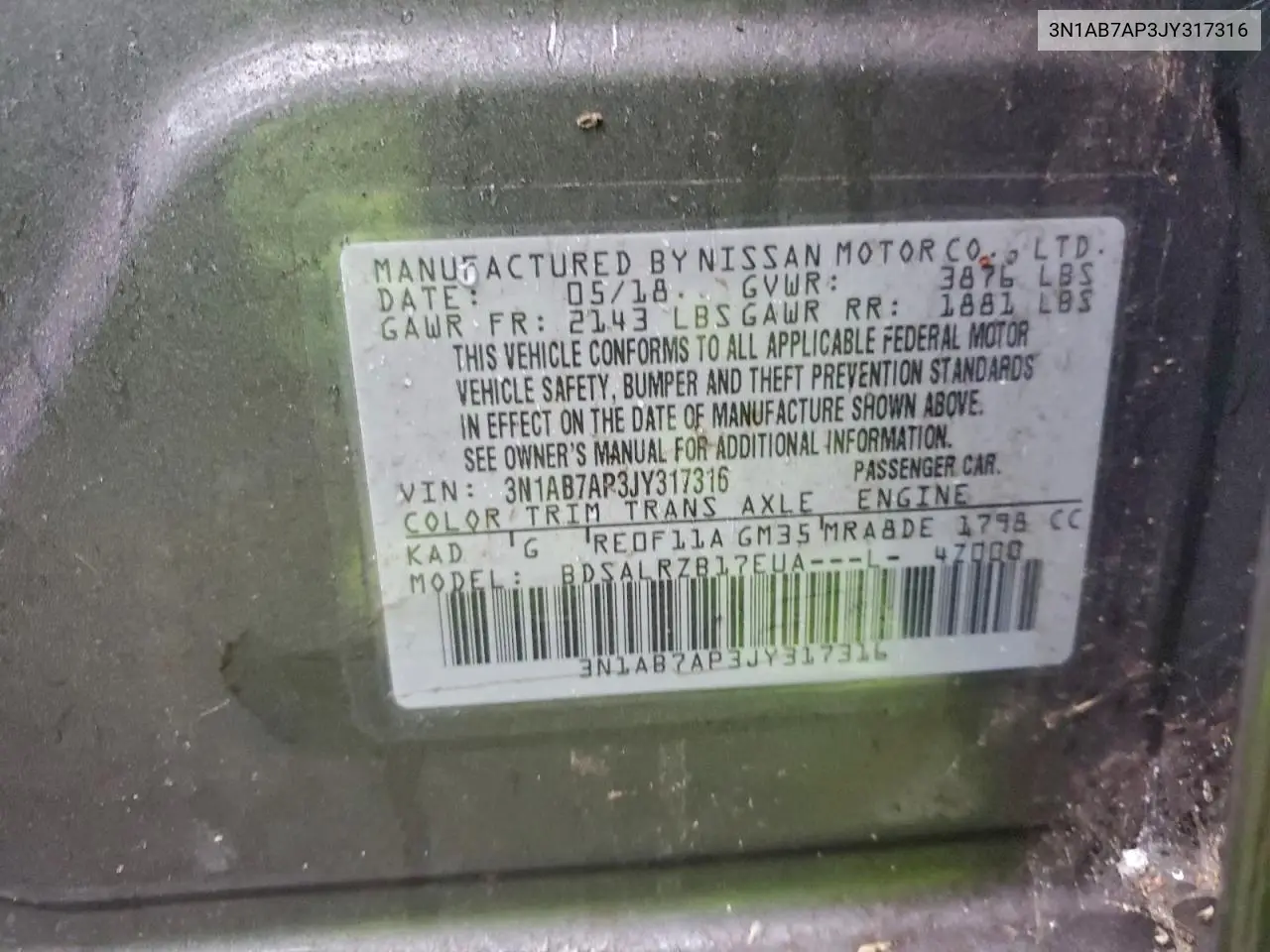3N1AB7AP3JY317316 2018 Nissan Sentra S