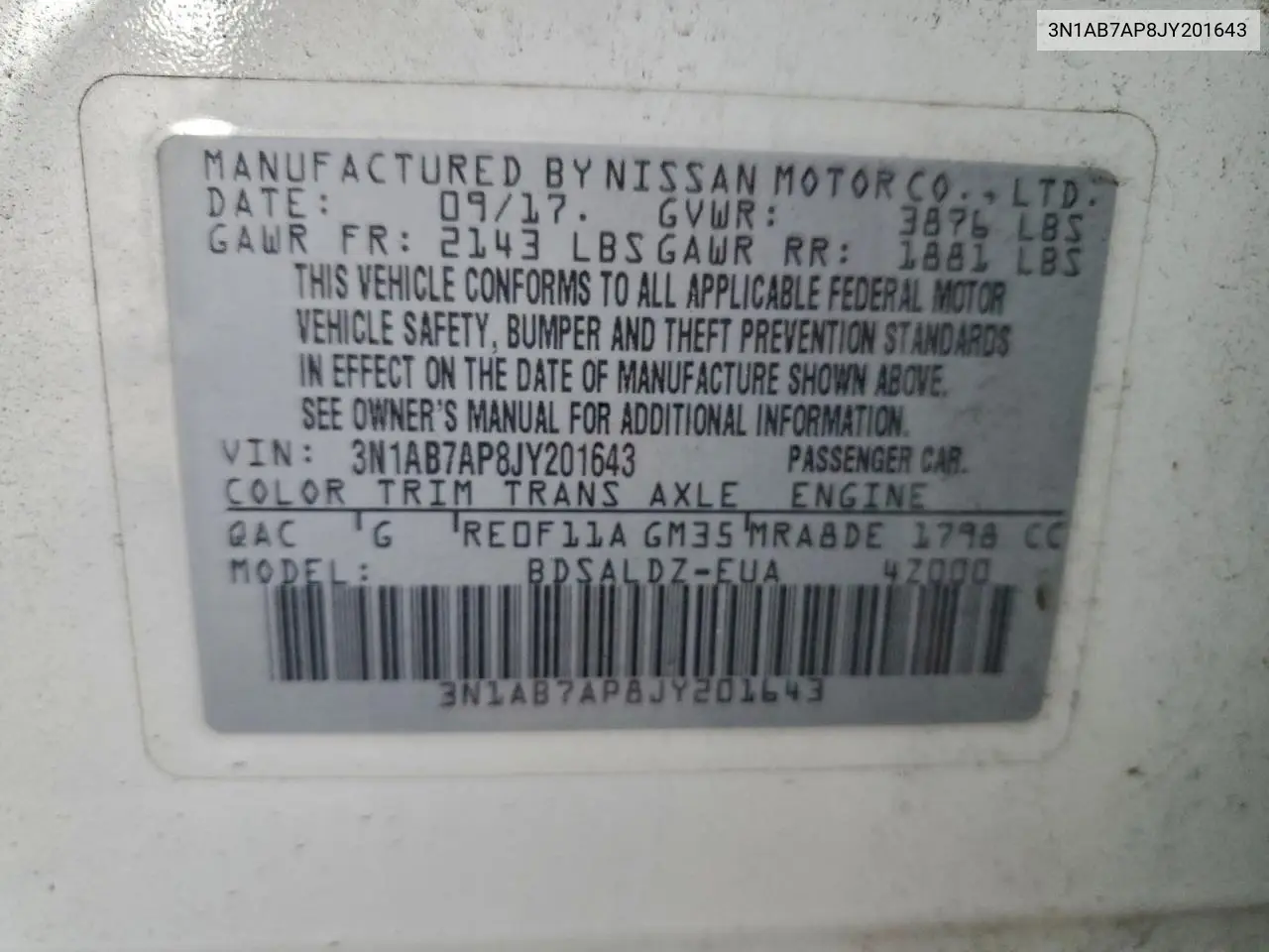 3N1AB7AP8JY201643 2018 Nissan Sentra S