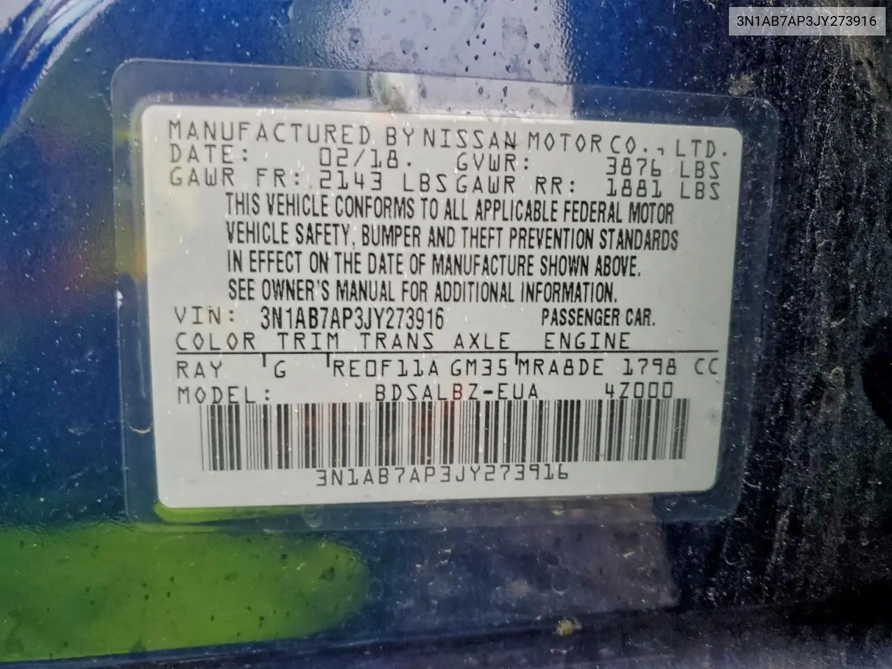 3N1AB7AP3JY273916 2018 Nissan Sentra S