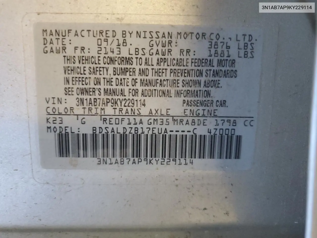 3N1AB7AP9KY229114 2019 Nissan Sentra S