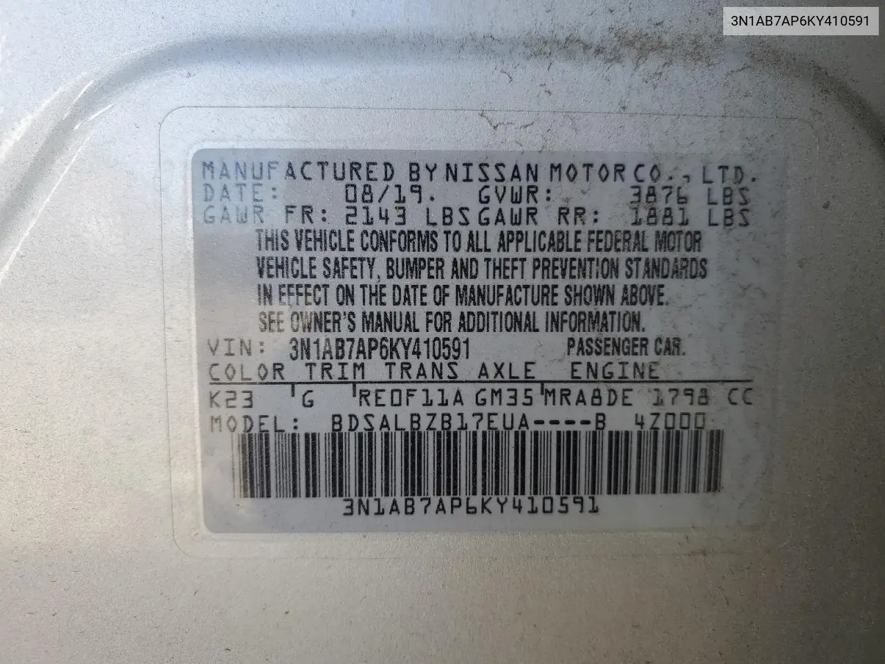 3N1AB7AP6KY410591 2019 Nissan Sentra S