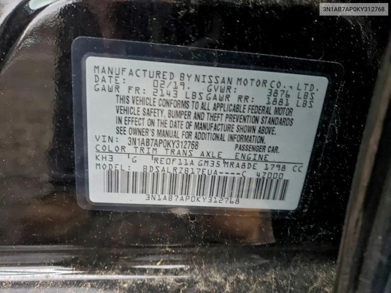 3N1AB7AP0KY312768 2019 Nissan Sentra S