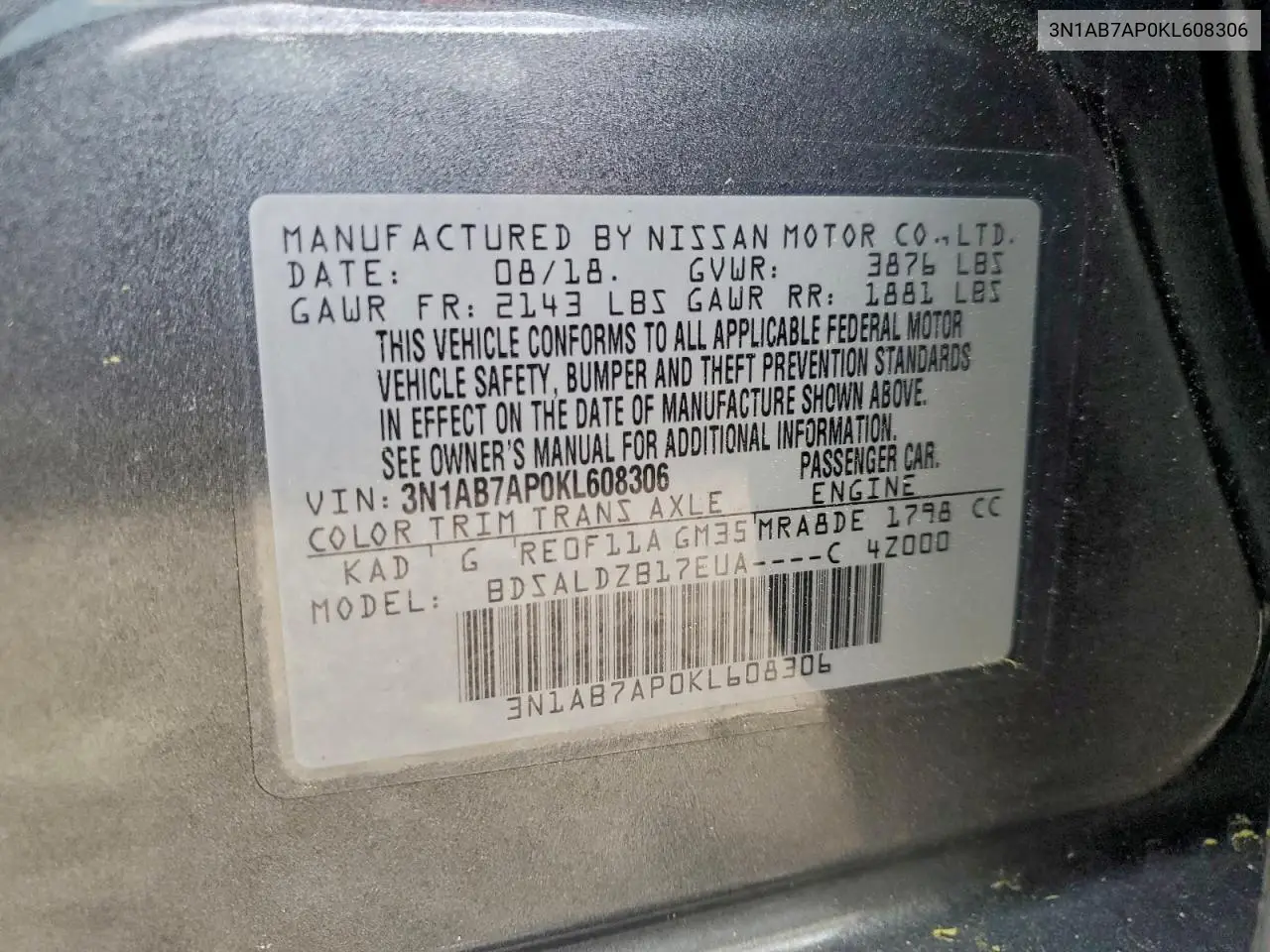 3N1AB7AP0KL608306 2019 Nissan Sentra S