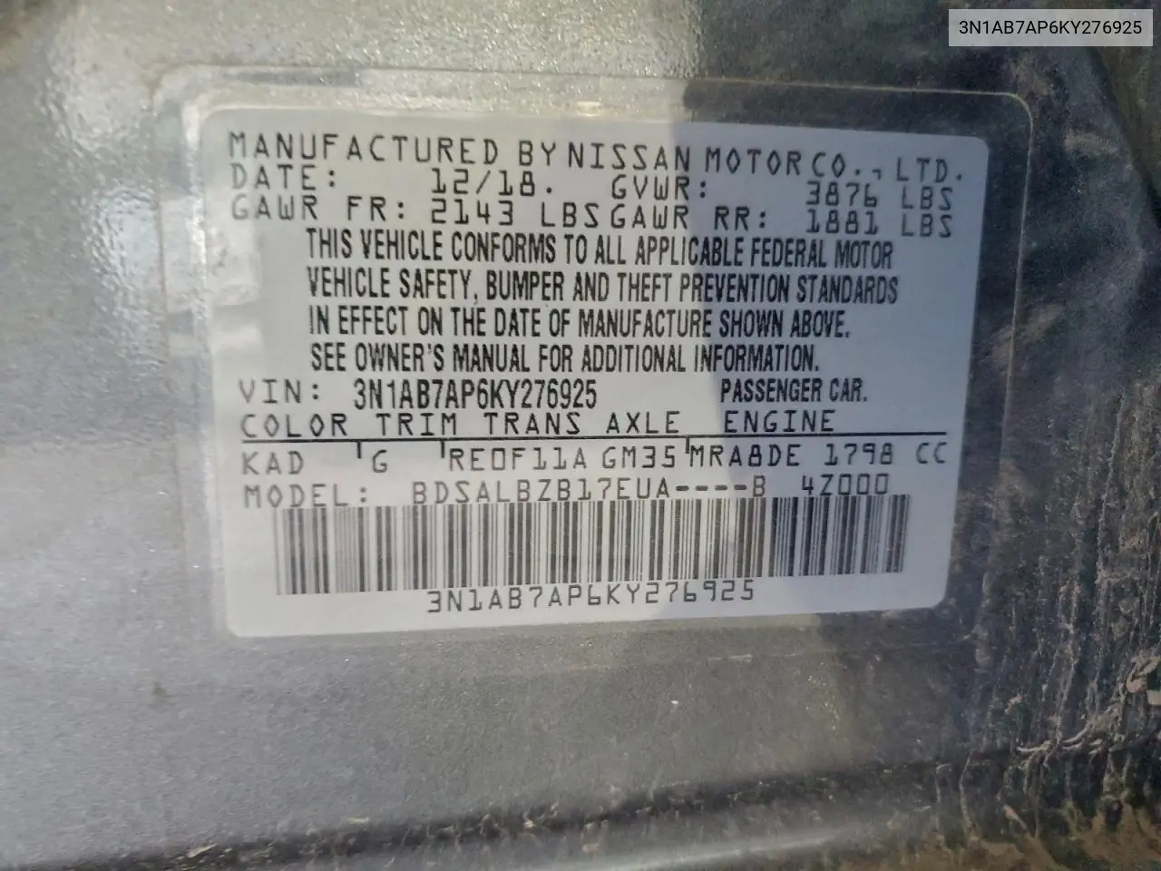 3N1AB7AP6KY276925 2019 Nissan Sentra S
