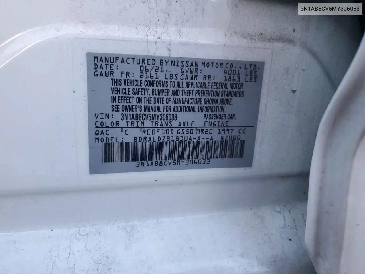 3N1AB8CV5MY306033 2021 Nissan Sentra Sv