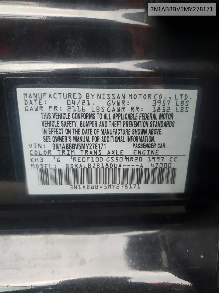 3N1AB8BV5MY278171 2021 Nissan Sentra S