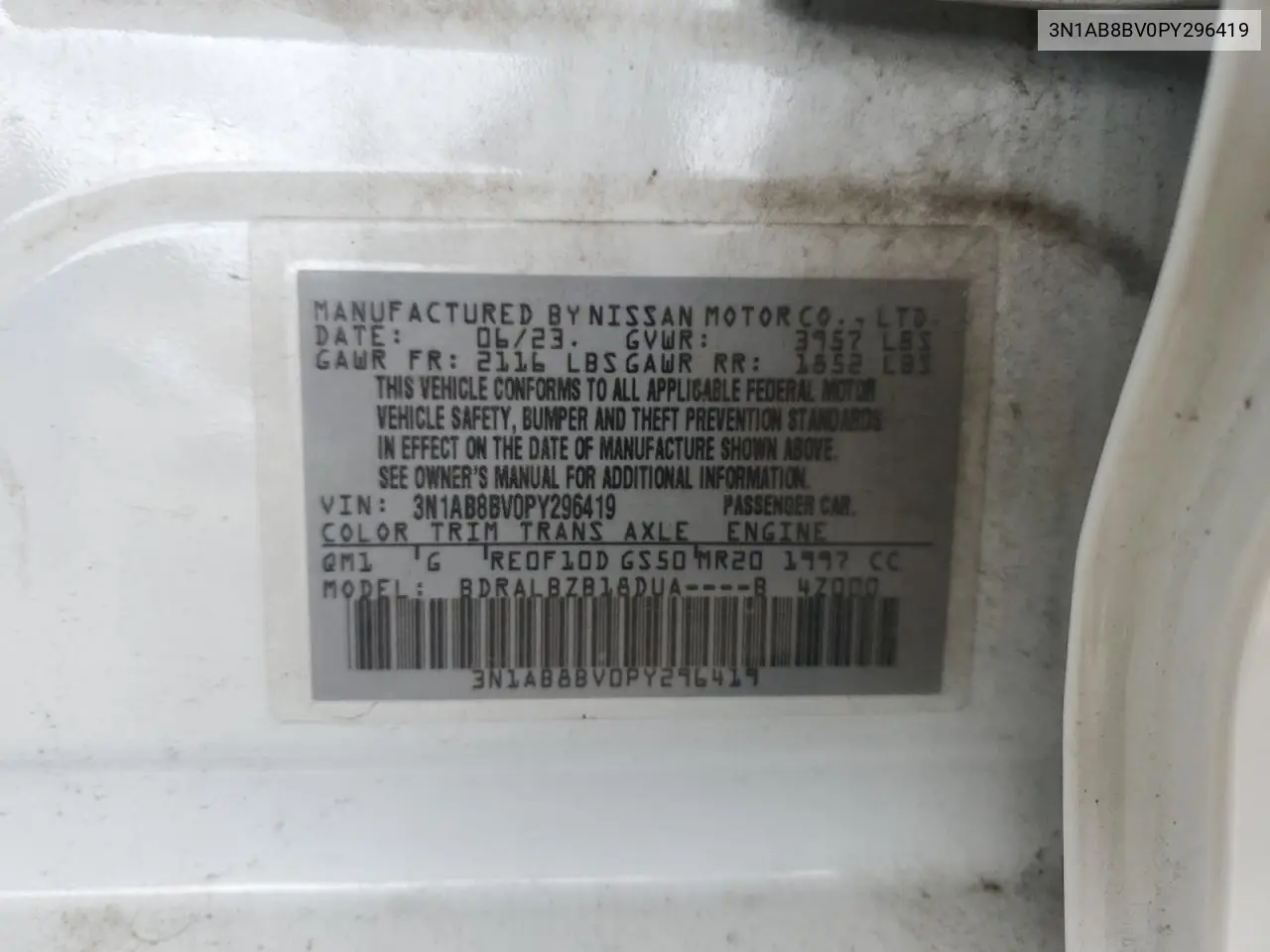3N1AB8BV0PY296419 2023 Nissan Sentra S