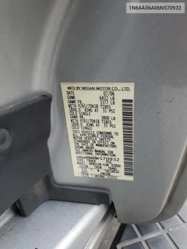 1N6AA06A06N570932 2006 Nissan Titan Xe