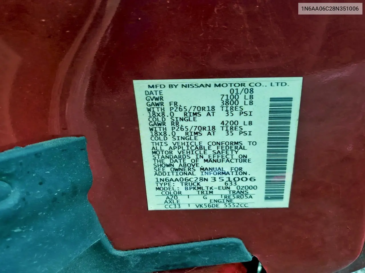 1N6AA06C28N351006 2008 Nissan Titan Xe