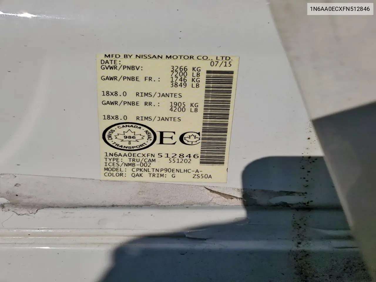 1N6AA0ECXFN512846 2015 Nissan Titan S
