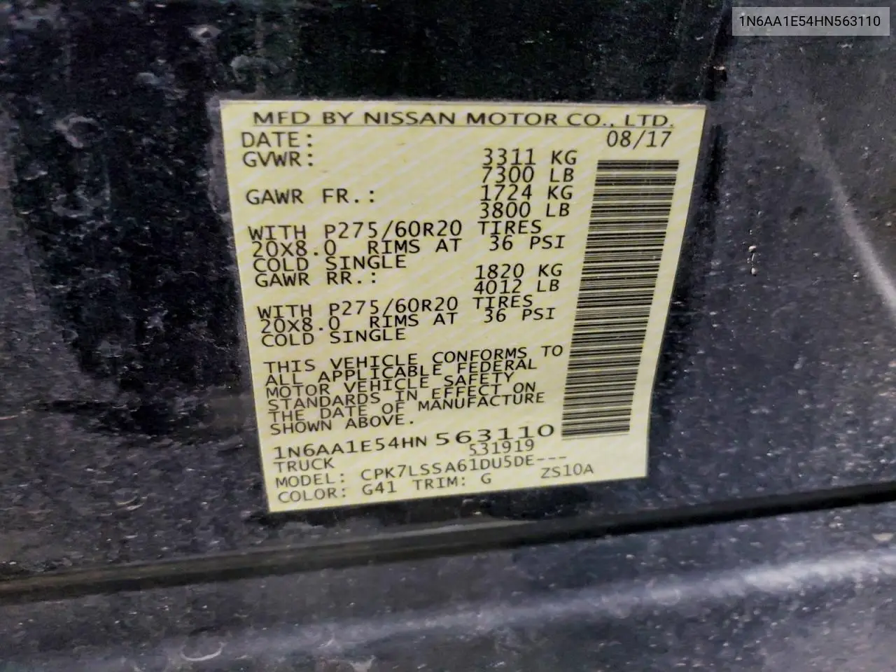 1N6AA1E54HN563110 2017 Nissan Titan Sv