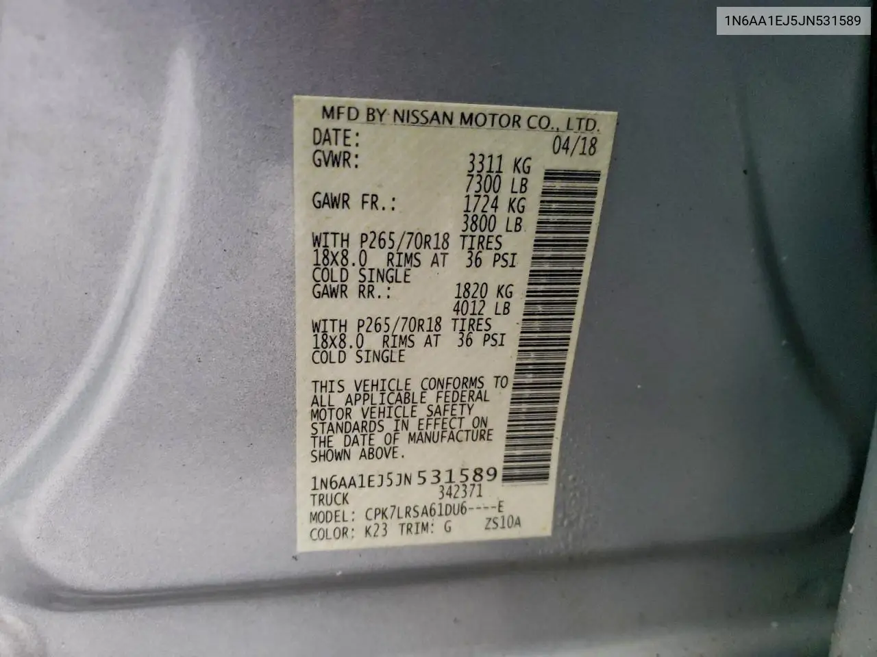 1N6AA1EJ5JN531589 2018 Nissan Titan S