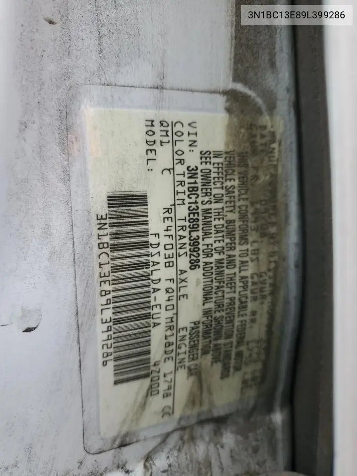 3N1BC13E89L399286 2009 Niss Versa S