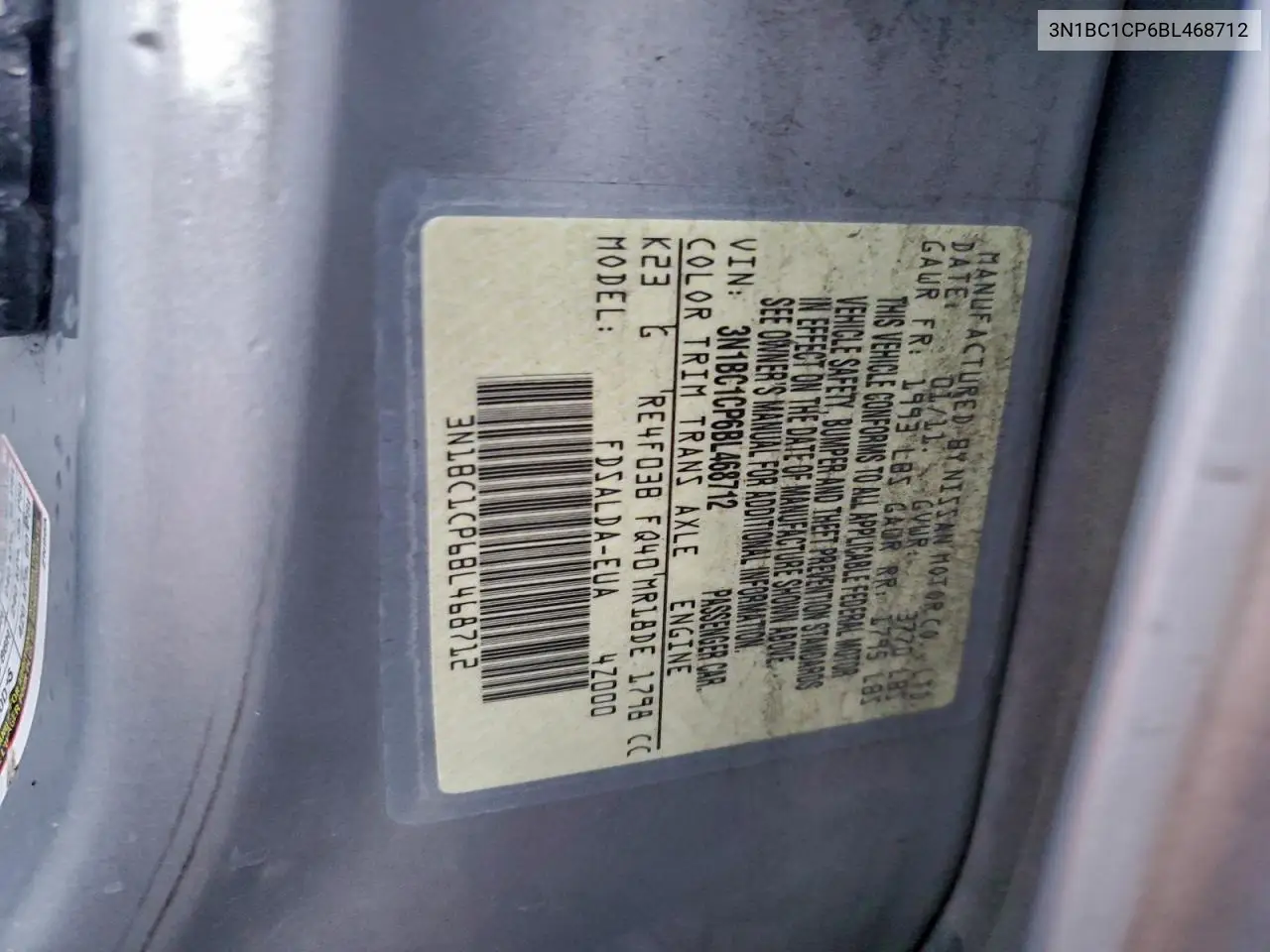 3N1BC1CP6BL468712 2011 Nissan Versa S