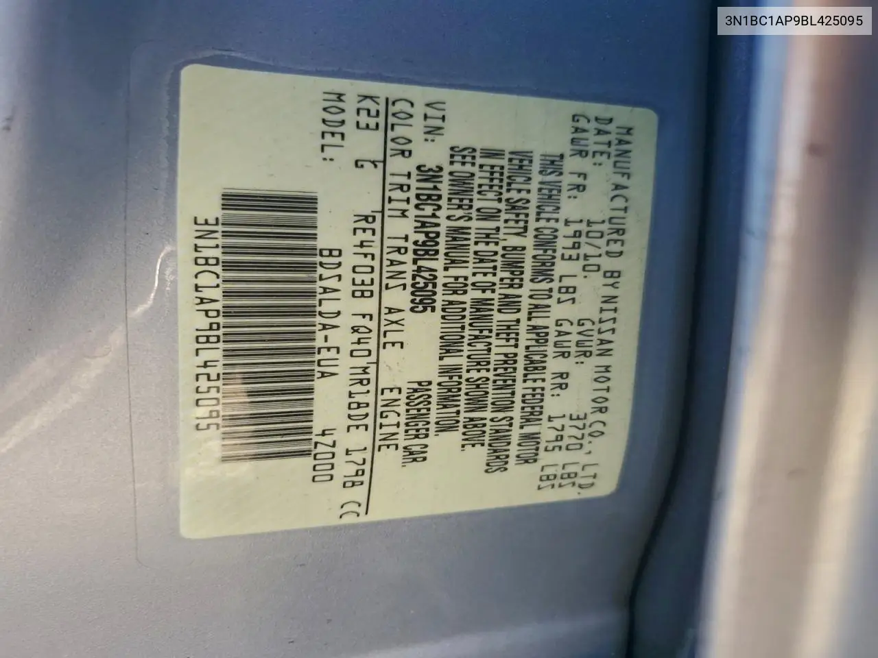 3N1BC1AP9BL425095 2011 Nissan Versa S