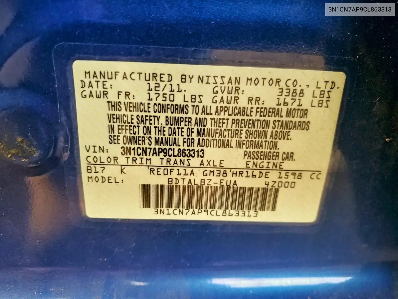 3N1CN7AP9CL863313 2012 Nissan Versa S