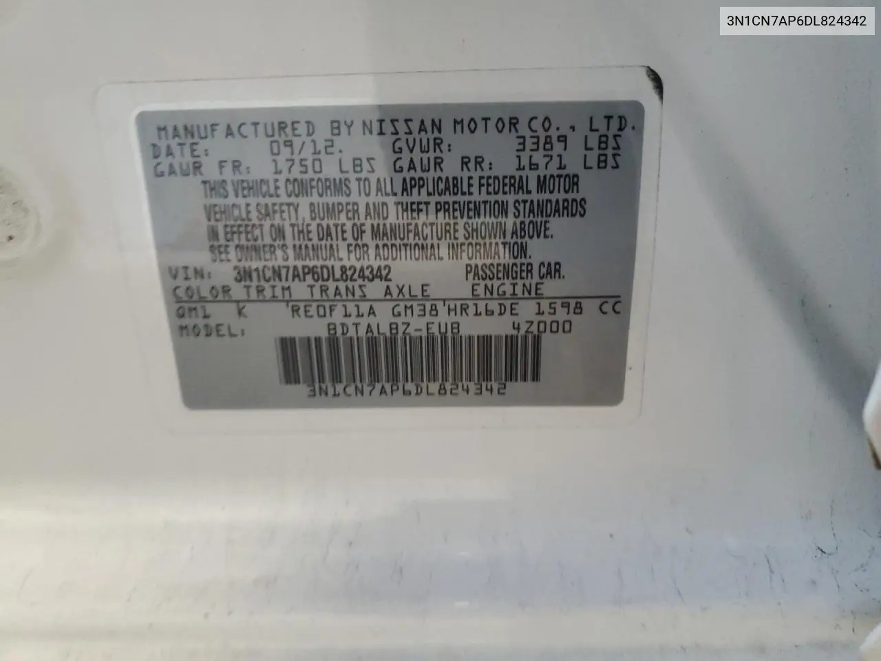 3N1CN7AP6DL824342 2013 Nissan Versa S