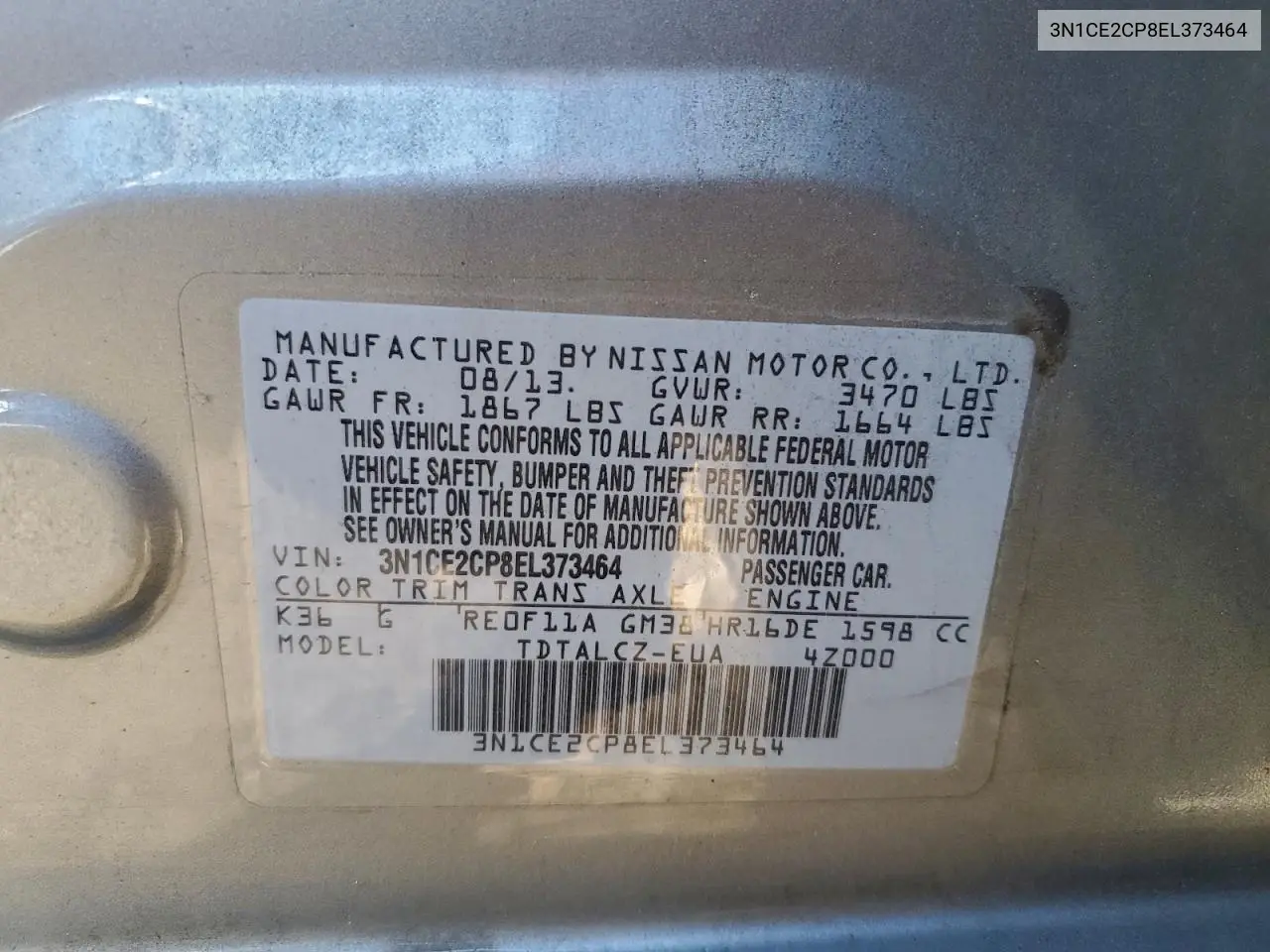 3N1CE2CP8EL373464 2014 Nissan Versa Note S