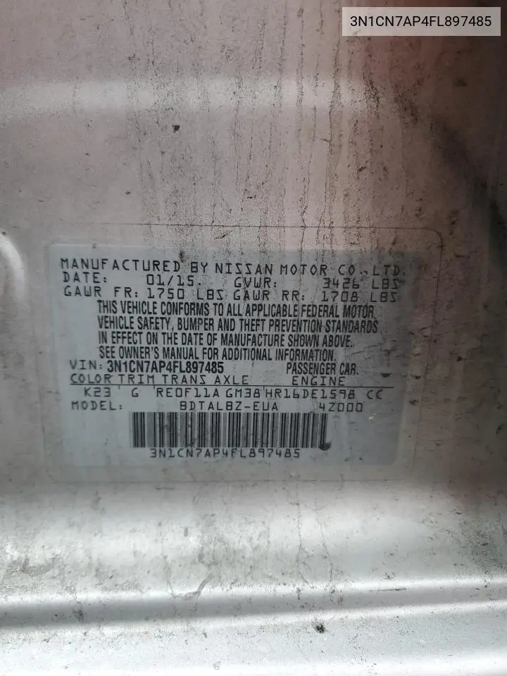 3N1CN7AP4FL897485 2015 Nissan Versa S