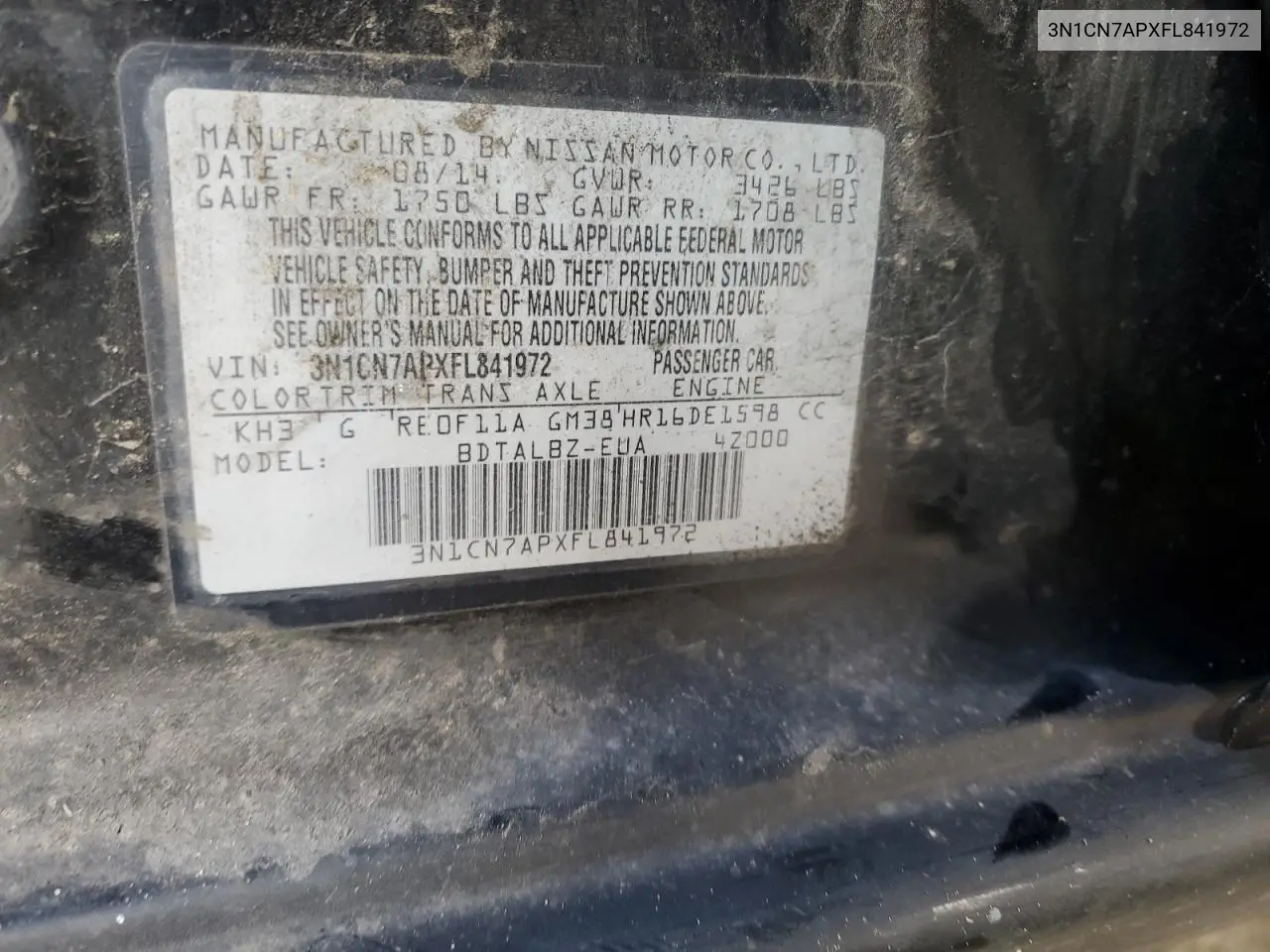 3N1CN7APXFL841972 2015 Nissan Versa S