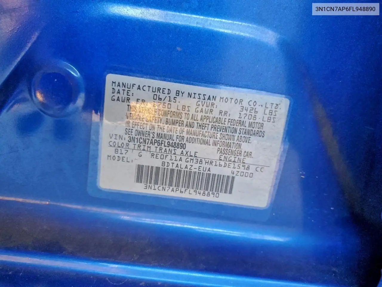 3N1CN7AP6FL948890 2015 Nissan Versa S