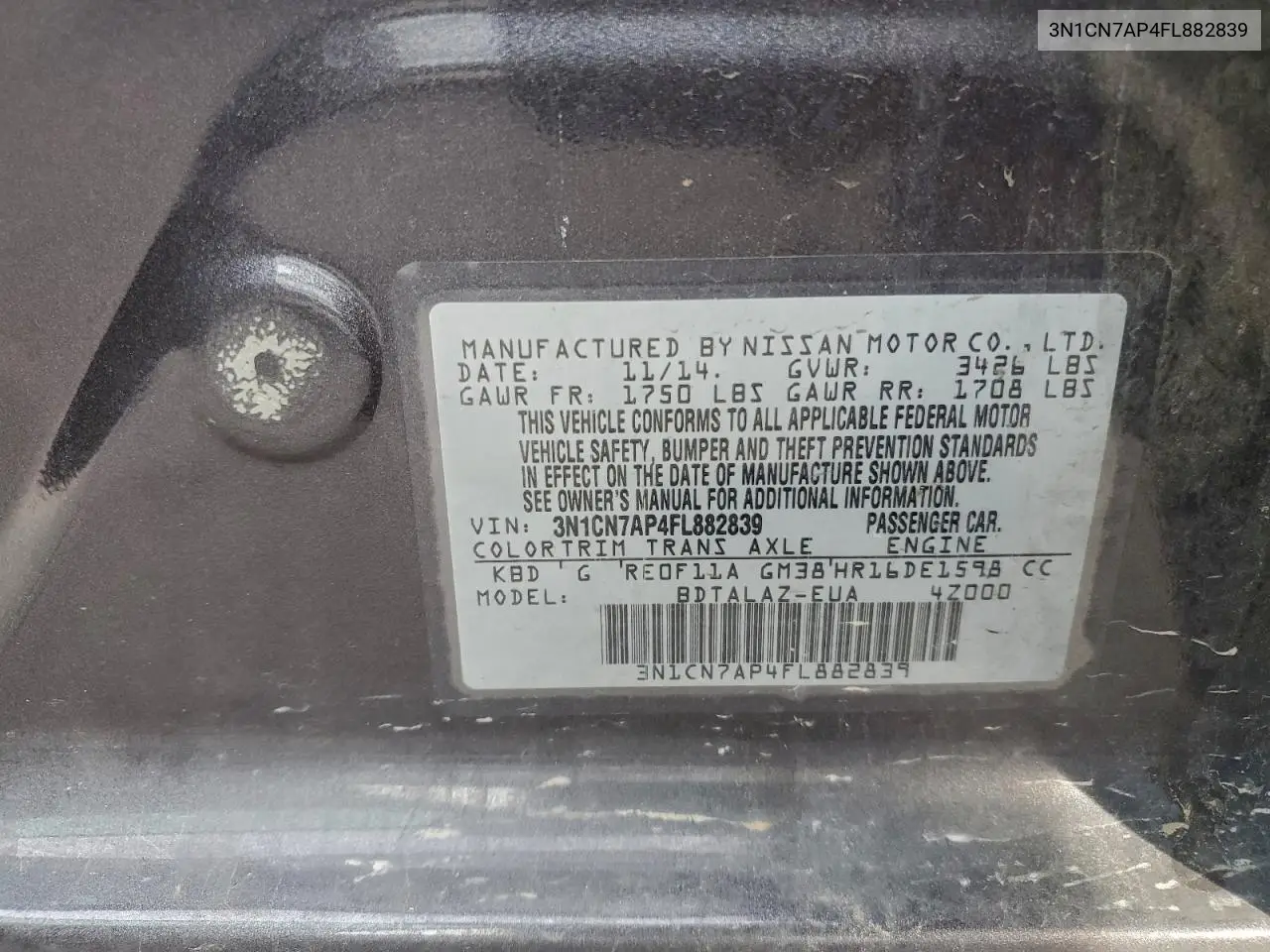 3N1CN7AP4FL882839 2015 Nissan Versa S