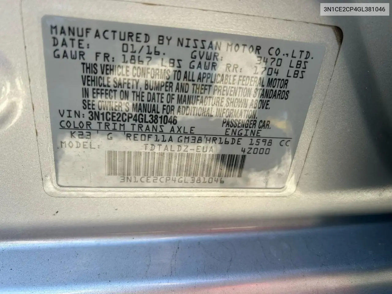 3N1CE2CP4GL381046 2016 Nissan Versa Note S