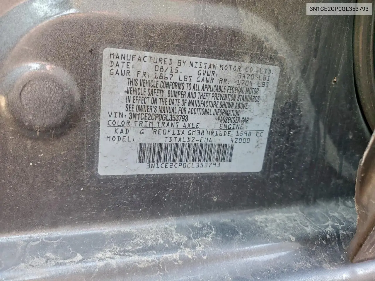 3N1CE2CP0GL353793 2016 Nissan Versa Note S