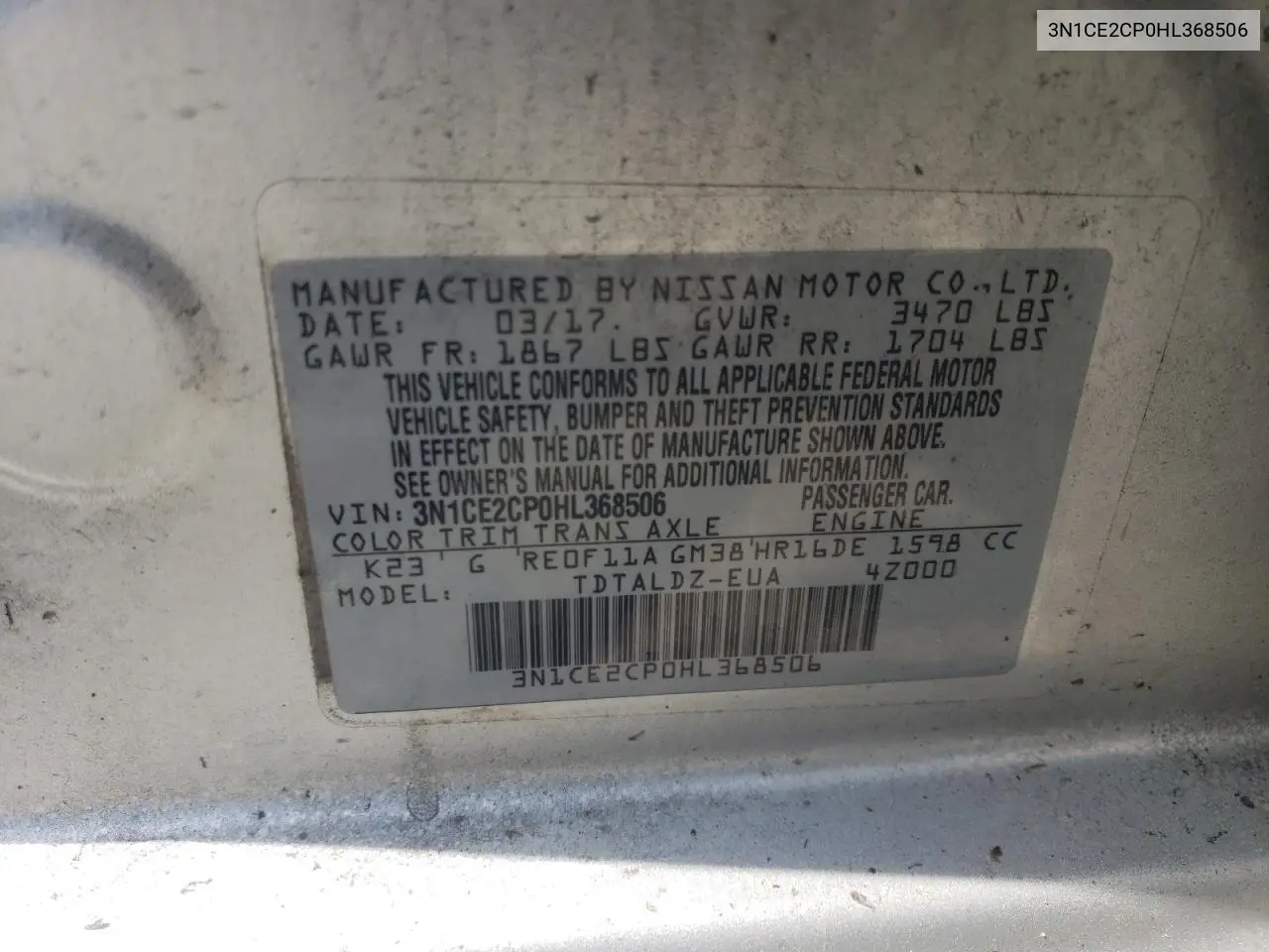 3N1CE2CP0HL368506 2017 Nissan Versa Note S