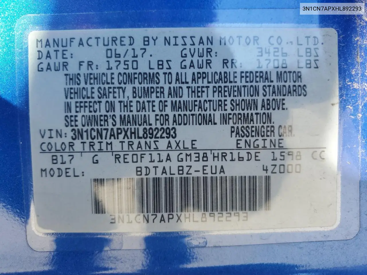 3N1CN7APXHL892293 2017 Nissan Versa S