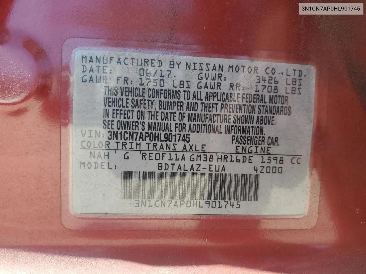 3N1CN7AP0HL901745 2017 Nissan Versa S