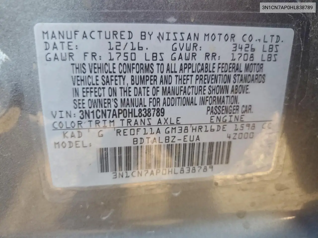 3N1CN7AP0HL838789 2017 Nissan Versa S