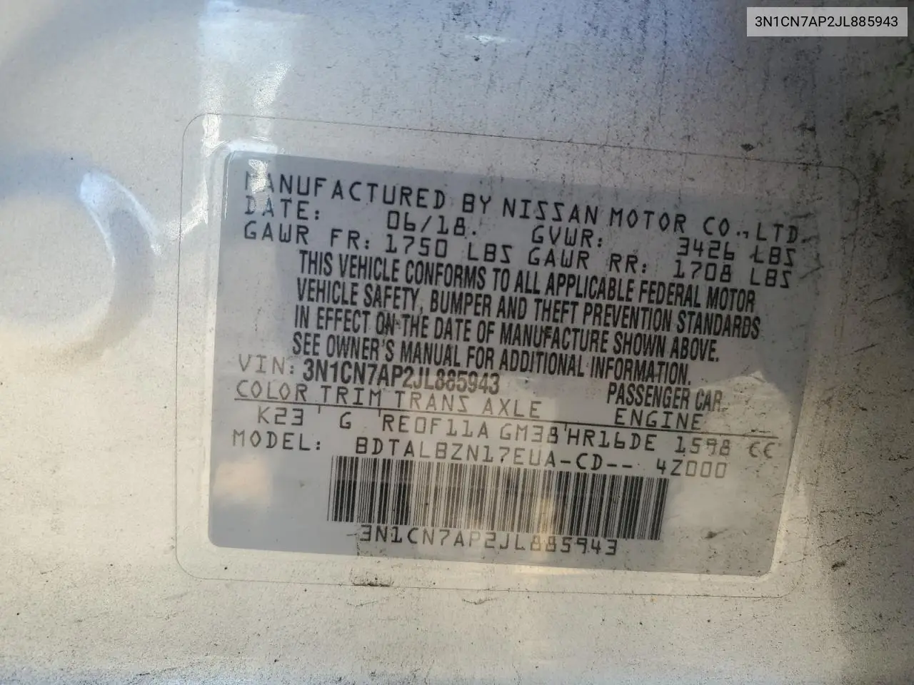 3N1CN7AP2JL885943 2018 Nissan Versa S