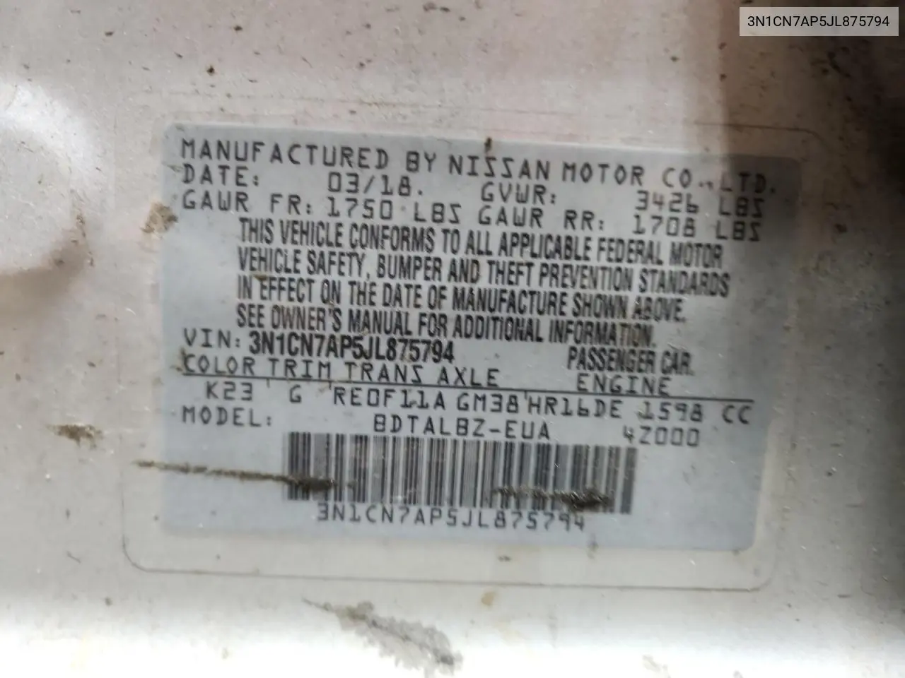 3N1CN7AP5JL875794 2018 Nissan Versa S