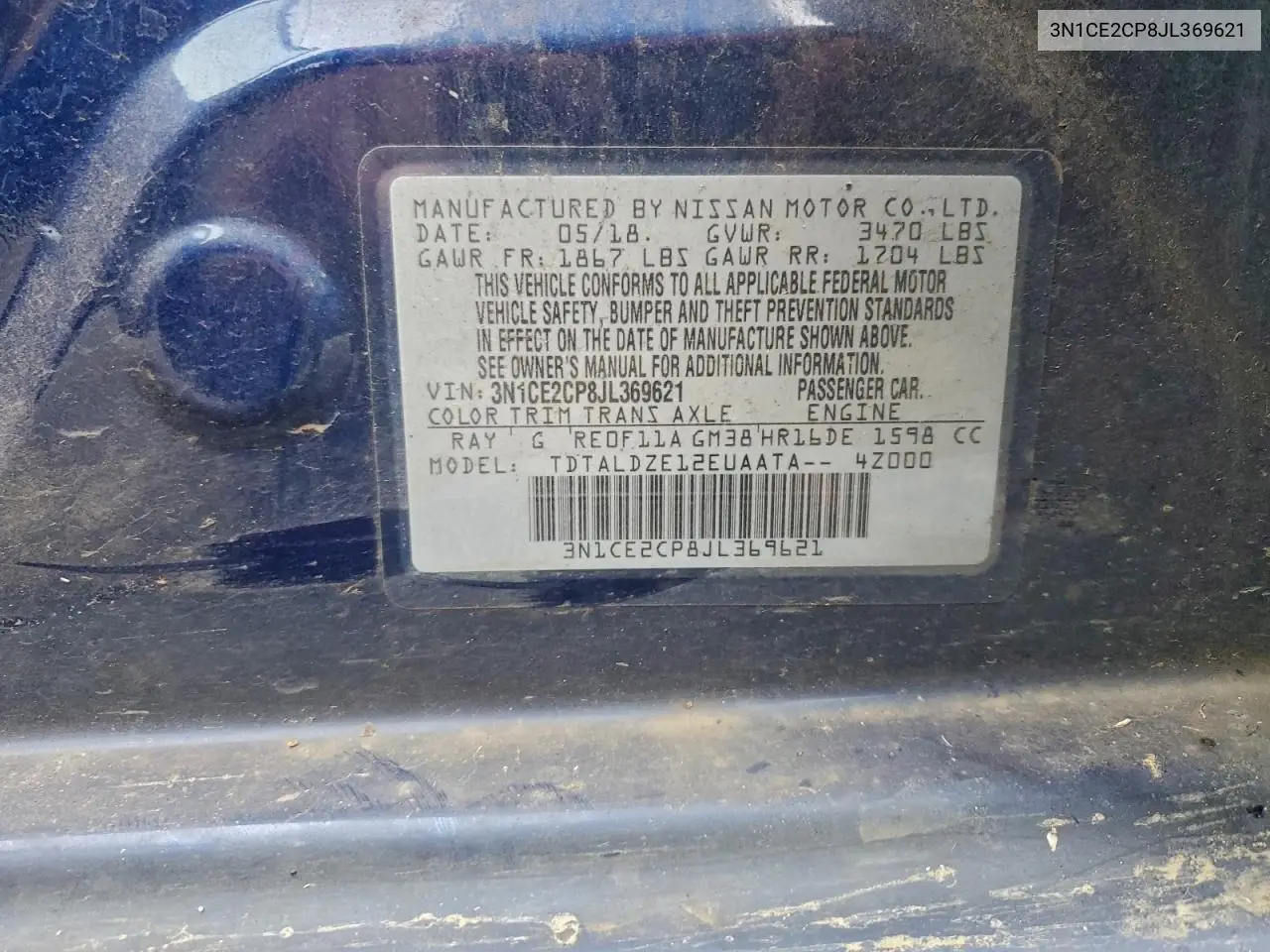 3N1CE2CP8JL369621 2018 Nissan Versa Note S