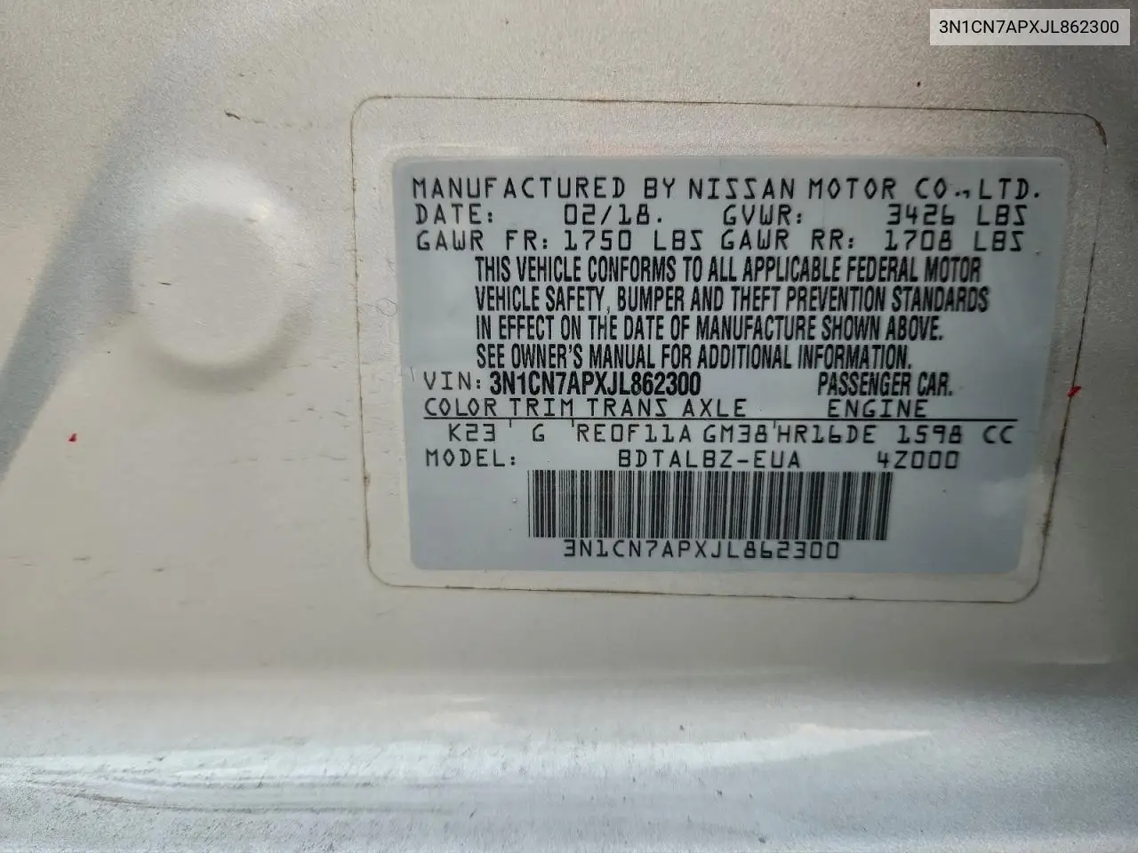 3N1CN7APXJL862300 2018 Nissan Versa S